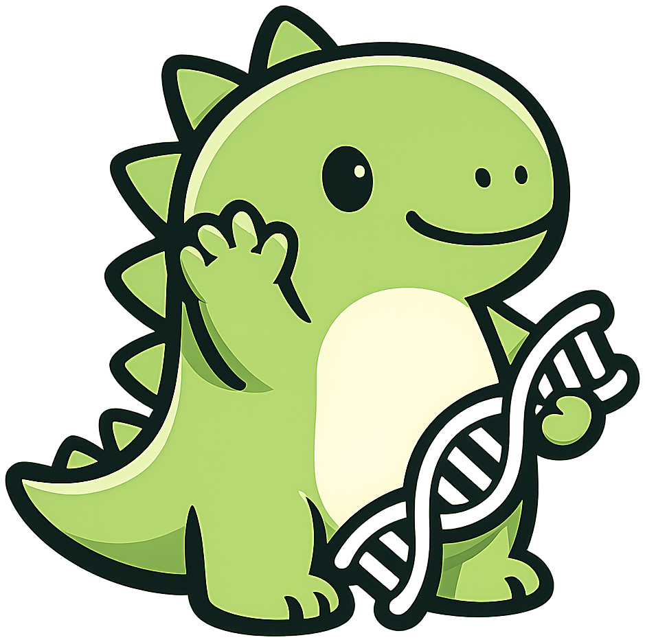 Genomisaur mascot waving with DNA